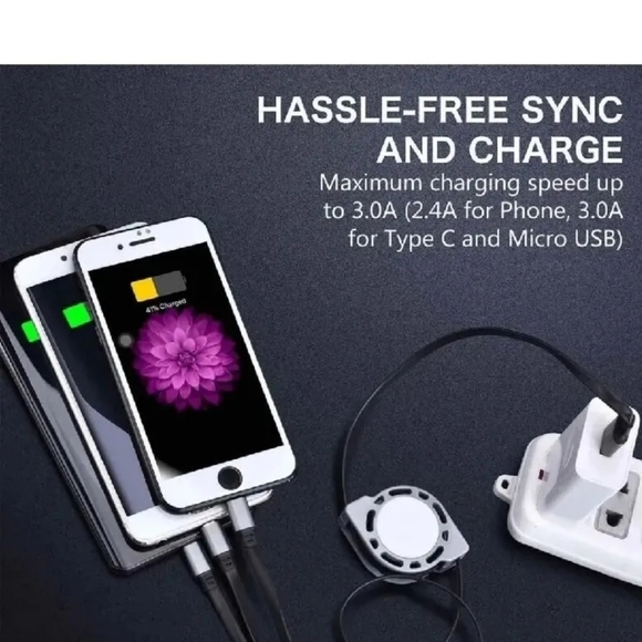 2️⃣-Pack 3-in-1 Retractable USB Fsst Charging Cable:iOS /Type-C/Micro-USB - Picture 3 of 10